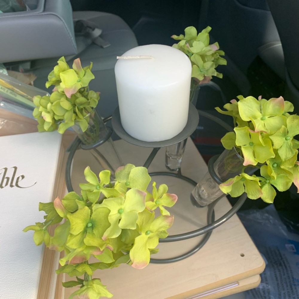 Elegant White Candle Holder with Green Accents